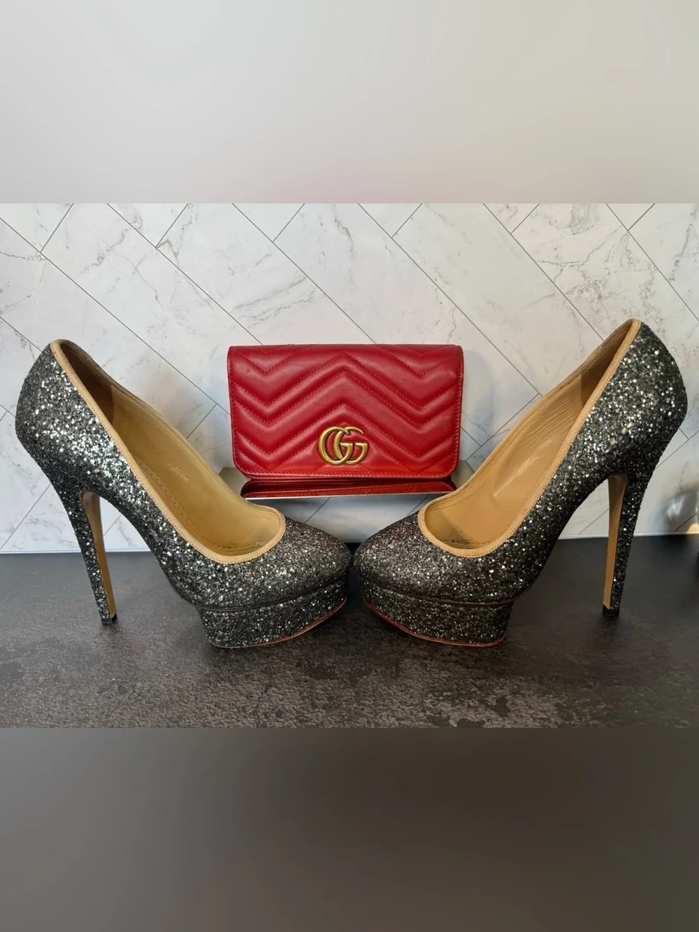 Charlotte Olympia Grey Glitter Dolly Platform Pumps Heels, Size 38